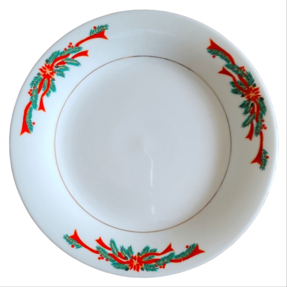 1 Vtg 90s Salad Dessert Plate Tienshan Fairfield Poinsettia Ribbons Gold Trim